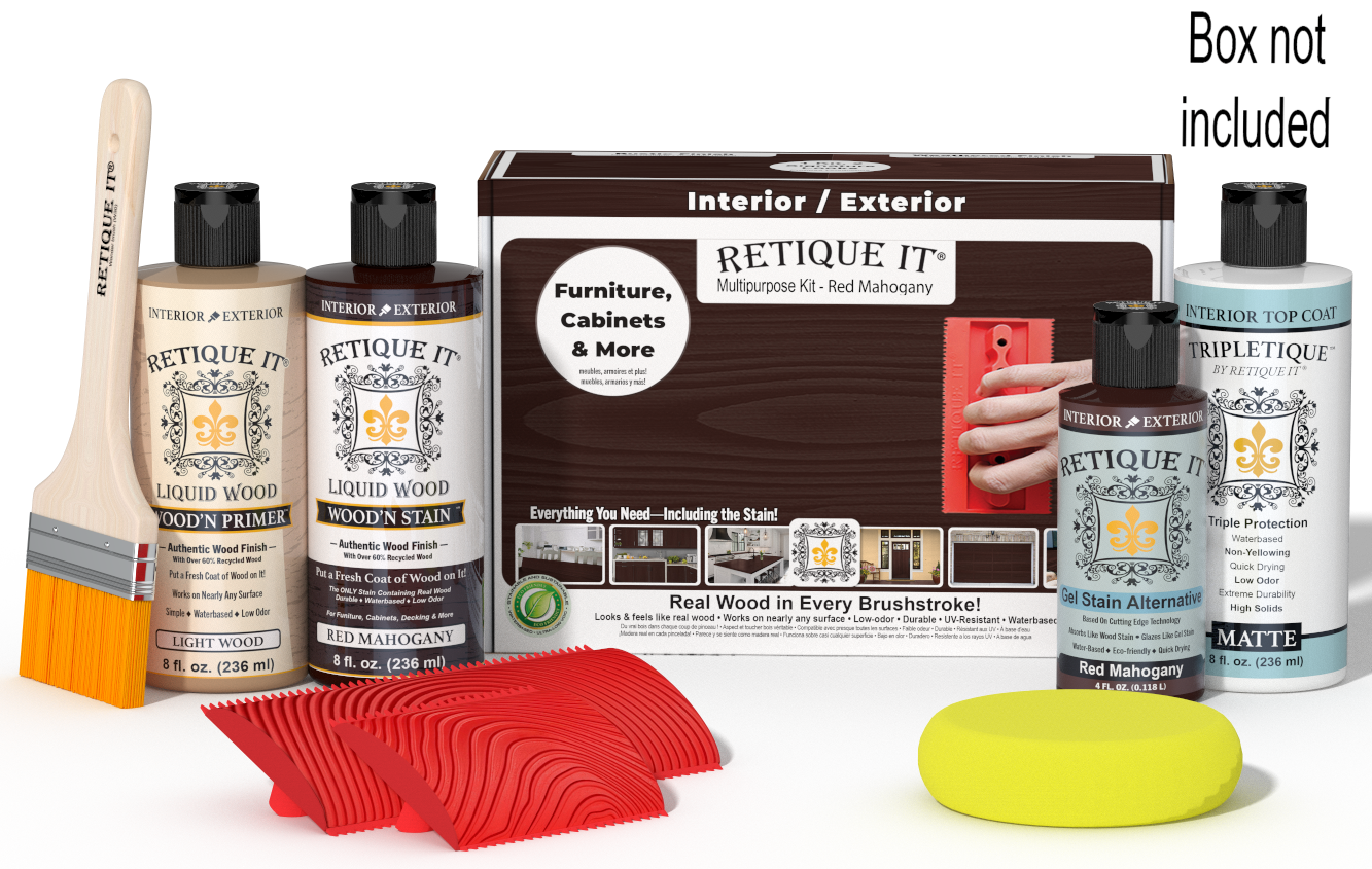 Retique It® Red Mahogany Multipurpose Kit with Light Wood primer, Red Mahogany stain, Red Mahogany gel stain alternative, Matte Tripletique® Top Coat, brush, red graining tool, yellow sponge, and product box.