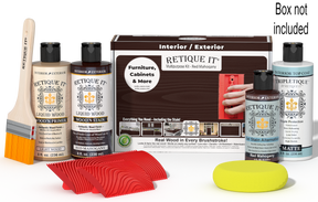 Retique It® Red Mahogany Multipurpose Kit with Light Wood primer, Red Mahogany stain, Red Mahogany gel stain alternative, Matte Tripletique® Top Coat, brush, red graining tool, yellow sponge, and product box.