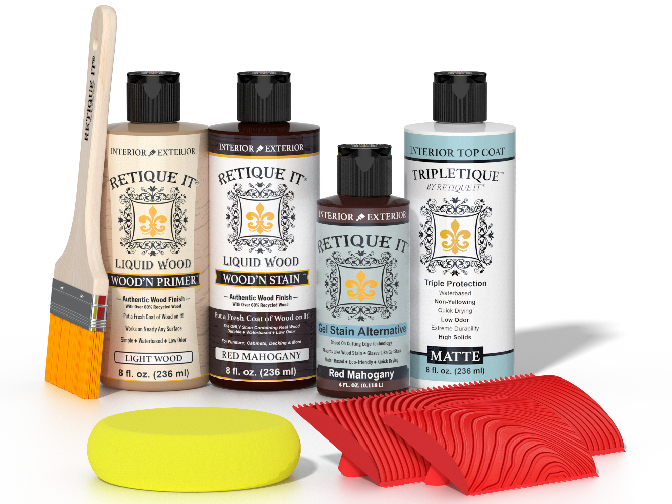 Retique It® Red Mahogany Wood'n Kit with Light Wood primer, Red Mahogany stain, Red Mahogany gel stain alternative, Matte Tripletique® Top Coat, brush, red graining tool, and yellow sponge.