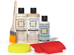Sun-bleached Wood'n Finish Kit by Retique It® for multi-purpose wood finishing, featuring a 3D design with wood tones and tools.