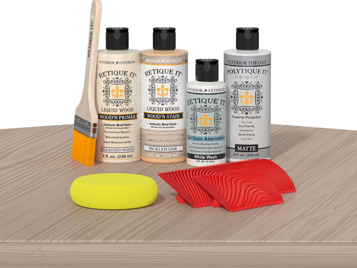 Retique It® Wood'n Finish Kit in Sun Bleached, an exterior top coat with wood finish components on a table.