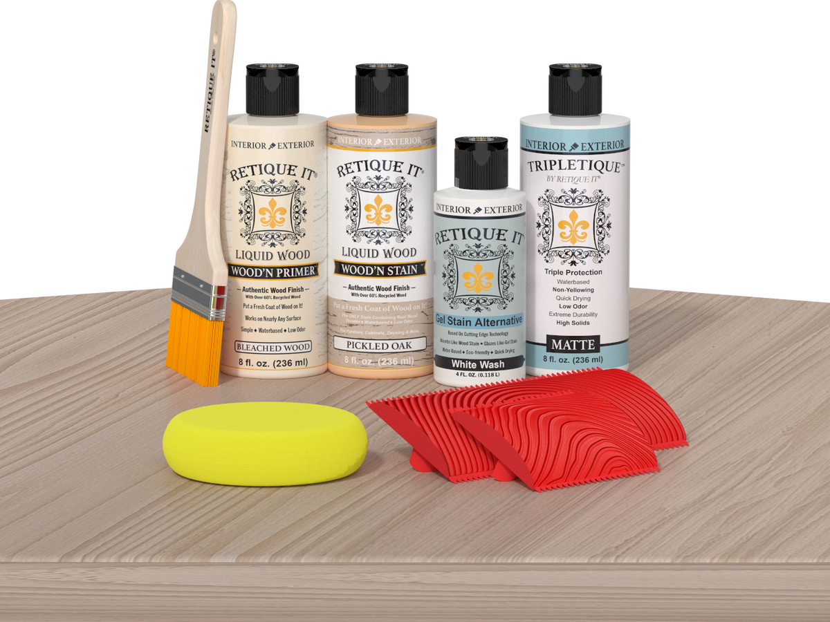 Retique It® Wood'n Finish Kit Sun Bleached tabletop with wood finish in a natural, sun-bleached tone, showing application on surface.