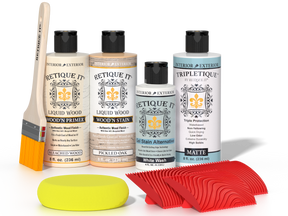 Sun-bleached Wood'n Finish Kit by Retique It® for interior wood projects, includes top coat and application tools.