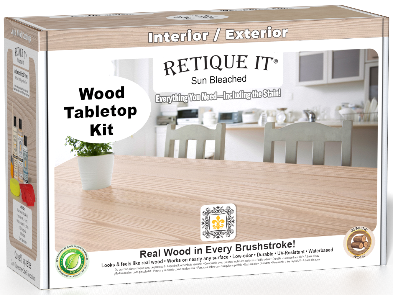 Retique It® Sun Bleached Wood Tabletop Kit box featuring a Sun Bleached wood finish and complete refinishing kit for interior and exterior surfaces.