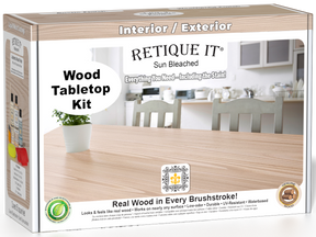 Retique It® Sun Bleached Wood Tabletop Kit box featuring a Sun Bleached wood finish and complete refinishing kit for interior and exterior surfaces.