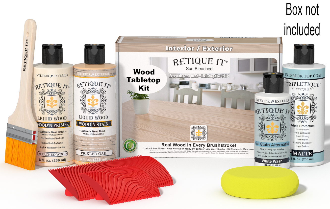 Retique It® Sun Bleached Wood Tabletop Kit with Bleached Wood primer, Pickled Oak stain, White Wash gel stain alternative, Tripletique® Matte Top Coat, brush, red graining tool, yellow sponge, and product box.