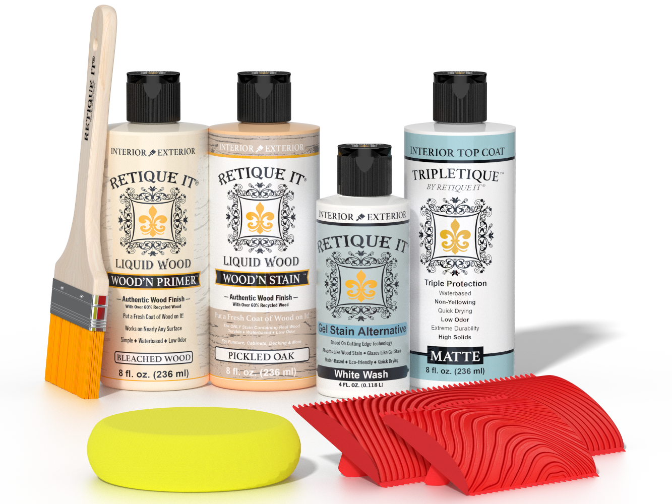 Retique It® Sunbleached Wood'n Kit with Bleached Wood Primer, Pickled Oak Wood'n Stain, Matte TripleTique Top Coat, White Wash Gel Stain Alternative, yellow sponge, red graining tool, and brush.