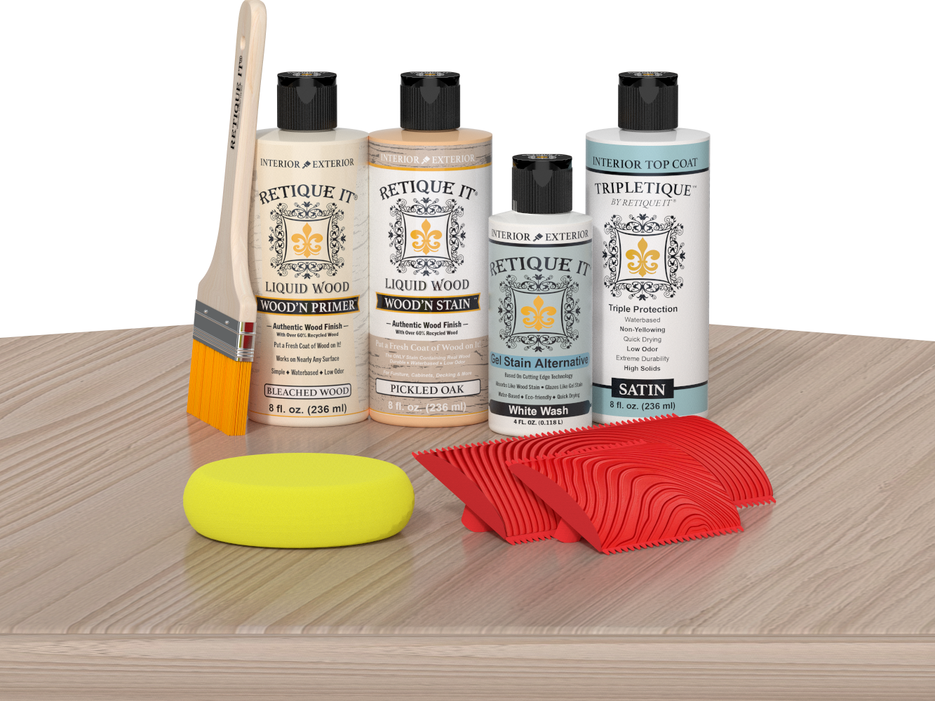 Retique It® Sunbleached Wood'n Kit with Bleached Wood Primer, Pickled Oak Wood'n Stain, Satin TripleTique Top Coat, White Wash Gel Stain Alternative, yellow sponge, red graining tool, and brush.