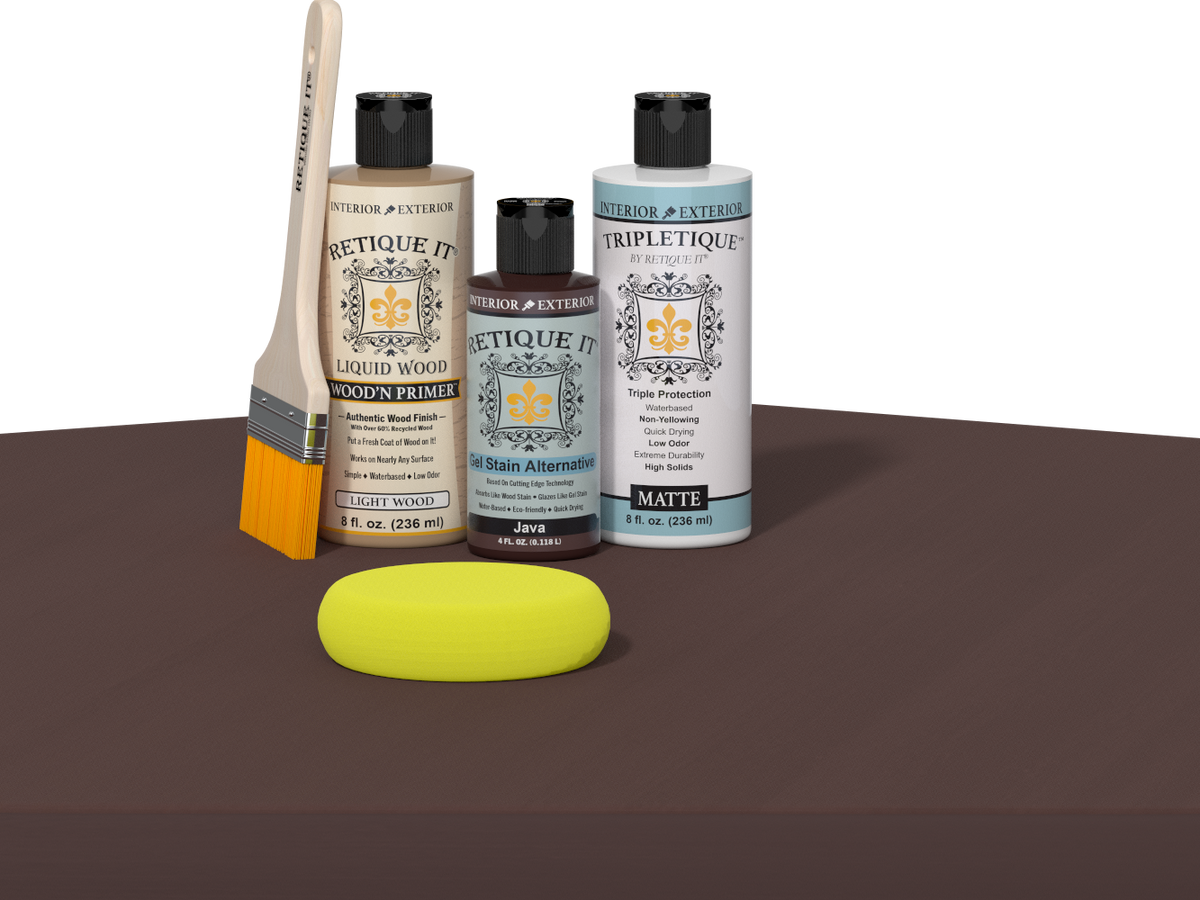 Retique It refinishing kit with Light Wood primer, Java gel stain alternative, matte Tripletique topcoat, a brush and yellow sponge.
