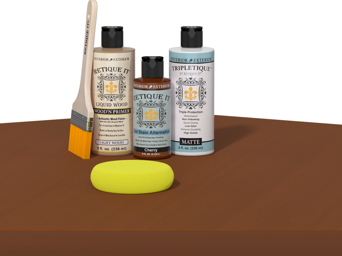 Retique It refinishing kit with Light Wood primer, Cherry gel stain alternative, matte Tripletique topcoat, a brush and yellow sponge.