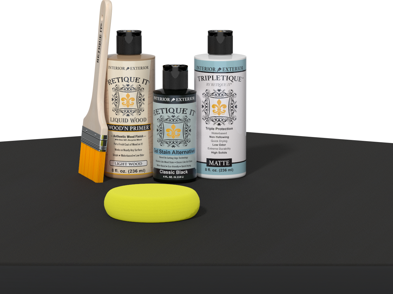Retique It refinishing kit with Light Wood primer, Classic Black gel stain alternative, matte Tripletique topcoat, a brush and yellow sponge.