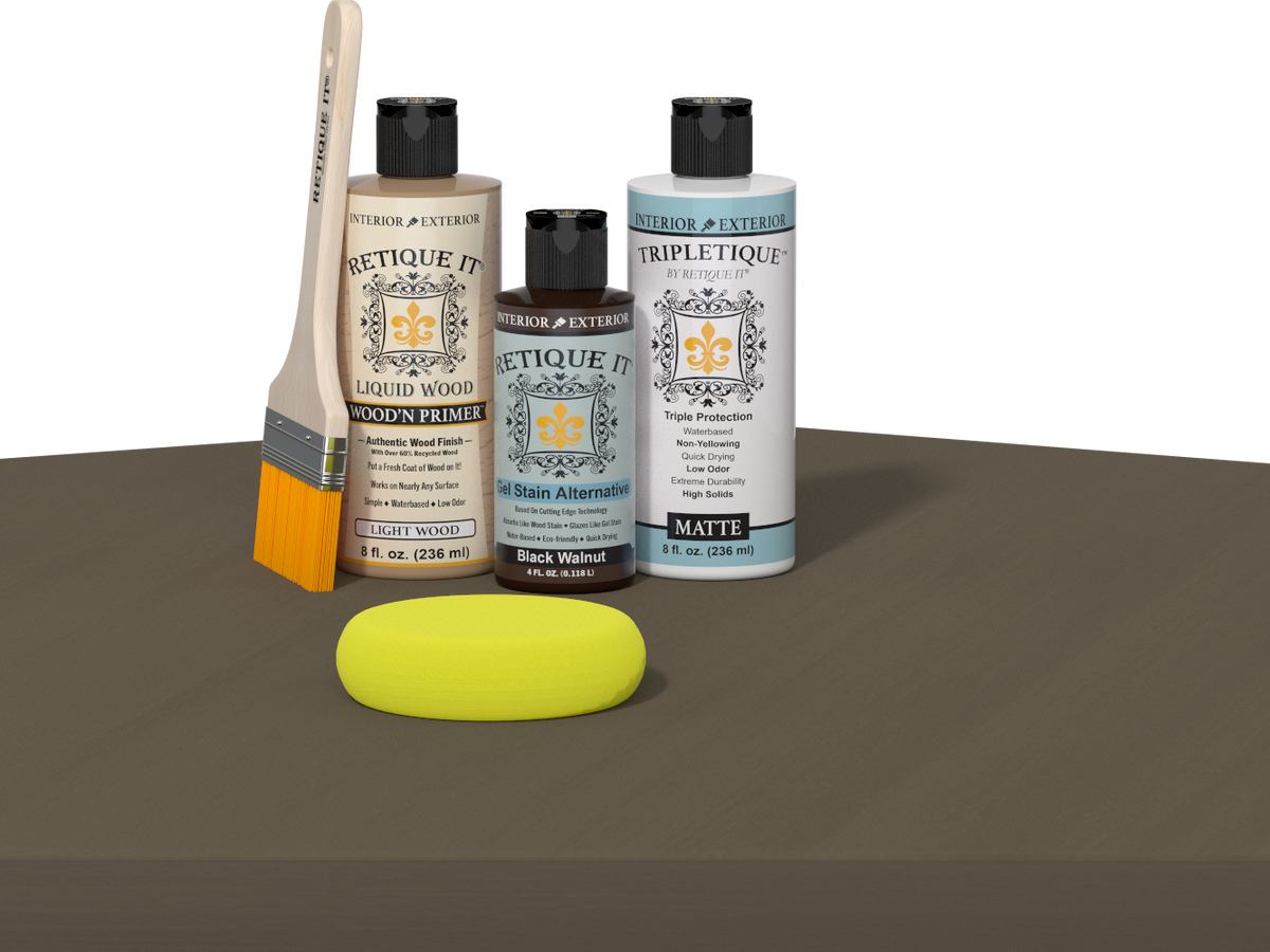 Retique It refinishing kit with Light Wood primer, Black Walnut gel stain alternative, matte Tripletique topcoat, a brush and yellow sponge.