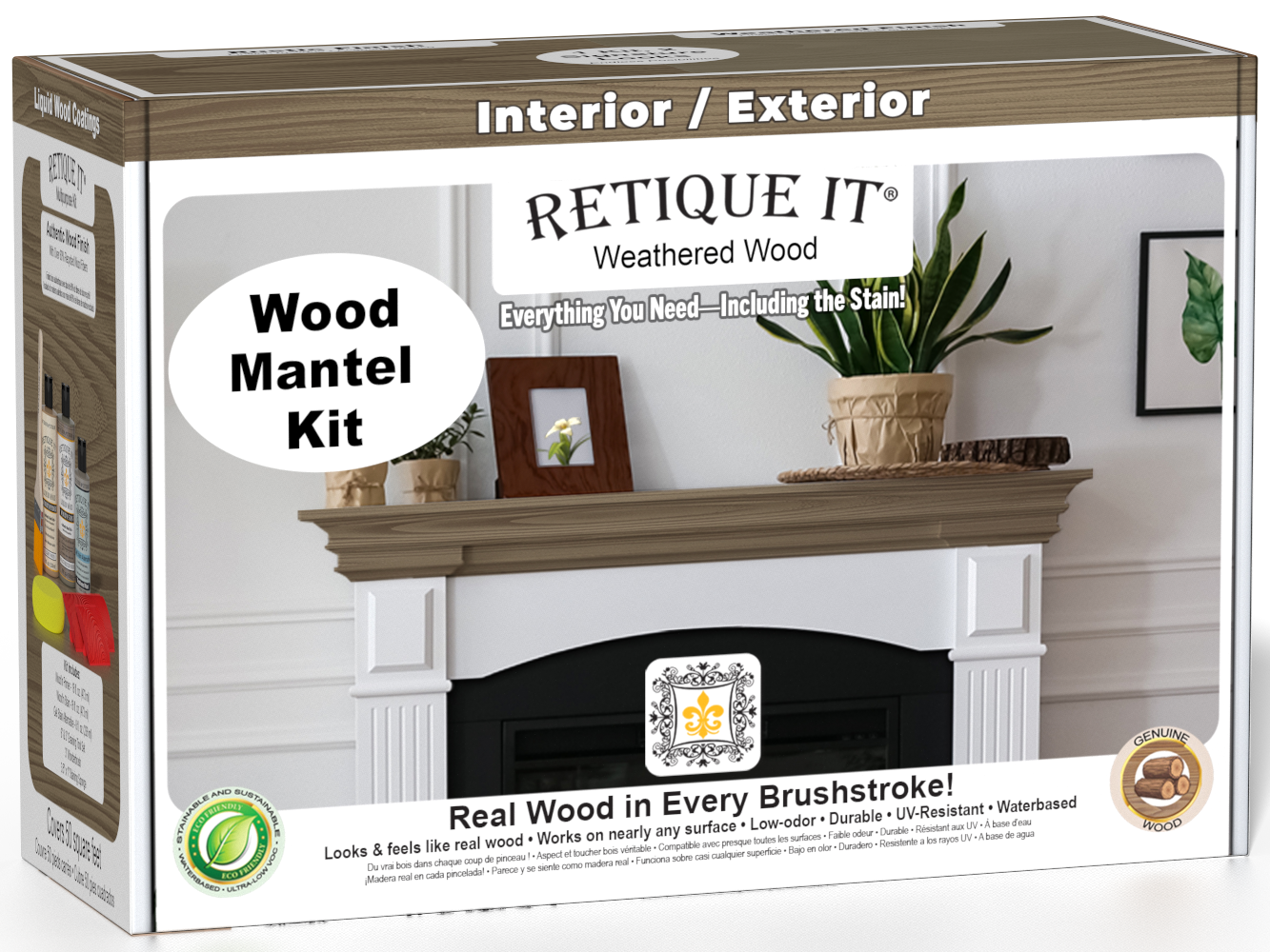 Retique It® Weathered Wood Fireplace Mantel Wood'n Finish Kit stain box showing weathered wood color and textured wood finish for mantels.