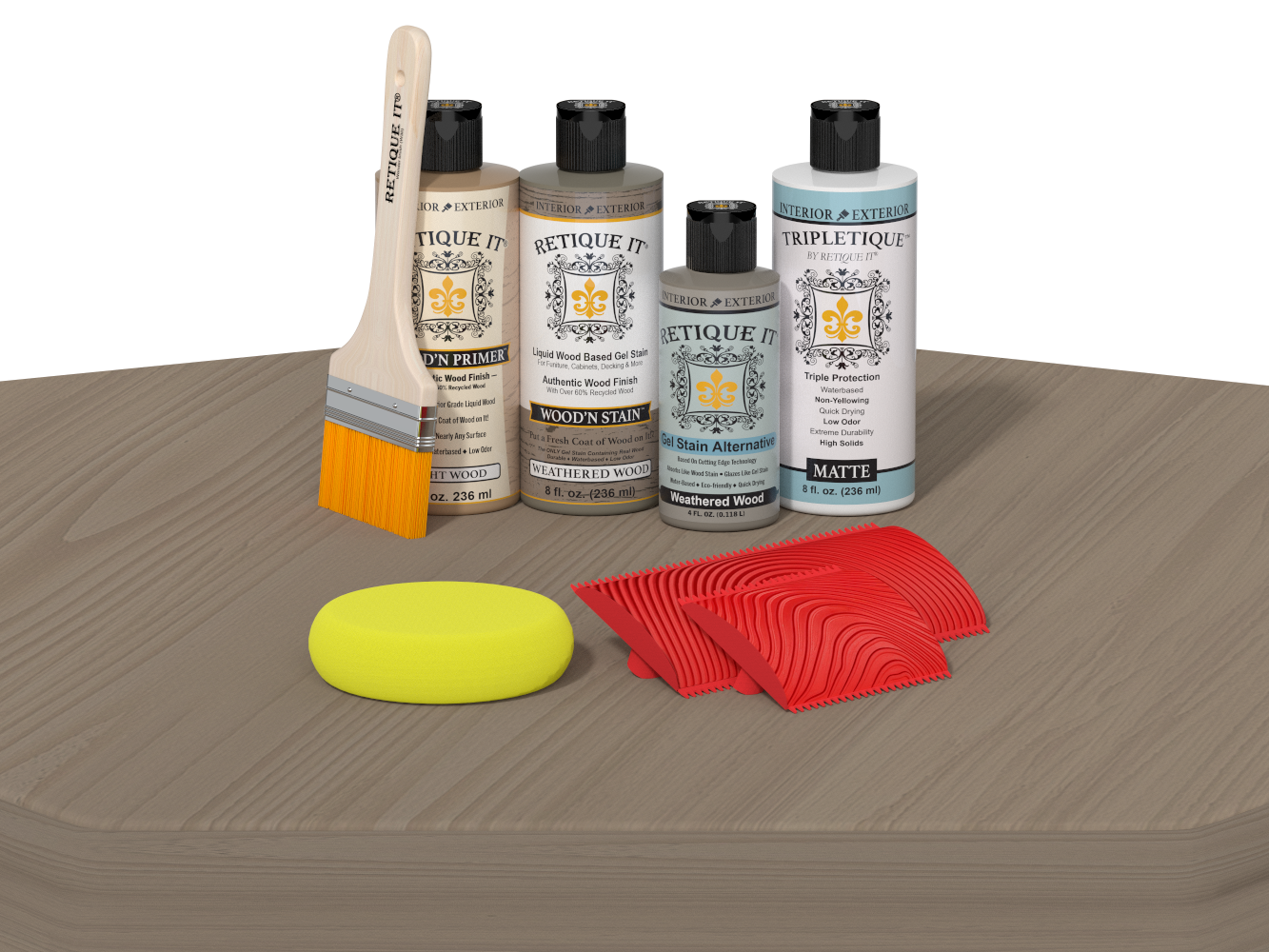 Set of wood staining products including bottles, a brush, and applicators on a wooden surface.