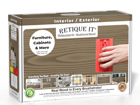 Retique It® Weathered Wood Multipurpose Kit box featuring a weathered wood finish, application tool, and project examples for furniture, cabinets, doors, decks, and more.