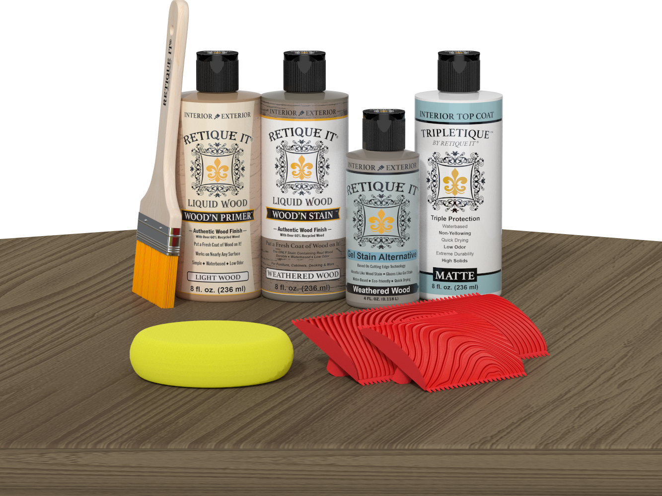 Retique It® Weathered Wood Wood'n Kit with Matte TripleTique® includes a brush, Light Wood primer, Weathered Wood stain, Weathered Wood Gel Stain Alternative, Matte TripleTique® top coat, a yellow sponge, and a red graining tool.