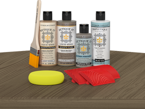 Retique It® Weathered Wood Wood'n Kit with Matte TripleTique® includes a brush, Light Wood primer, Weathered Wood stain, Weathered Wood Gel Stain Alternative, Matte TripleTique® top coat, a yellow sponge, and a red graining tool.