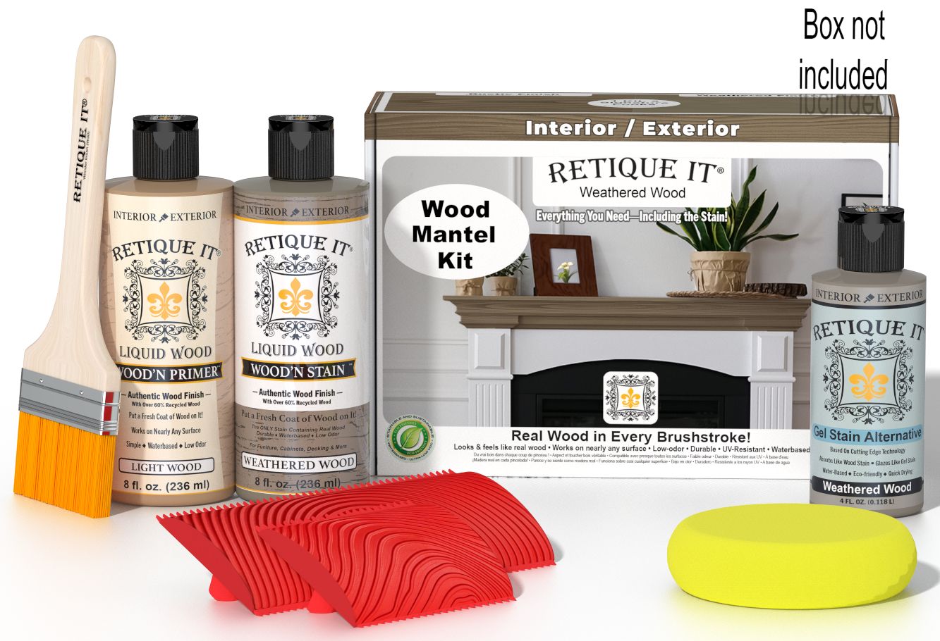 Retique It® Weathered Wood Fireplace Mantel Wood'n Finish Kit stain applied to a wooden mantel with a weathered finish.