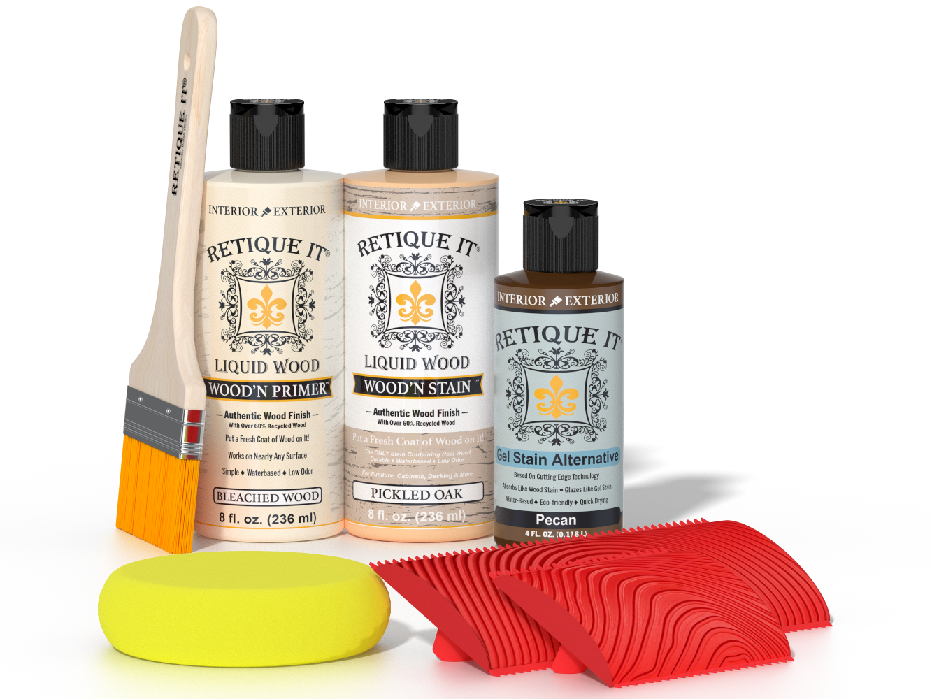 Retique It® Wood'n Finish Kit in White Oak featuring multiple wood finishing tools and supplies for woodworking projects.