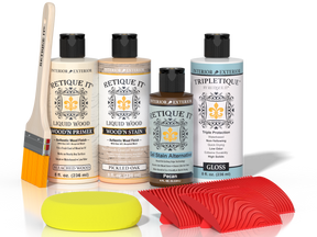 Retique It® Wood'n Finish Kit in White Oak for interior top coat, showing wood surface with clear finish application.