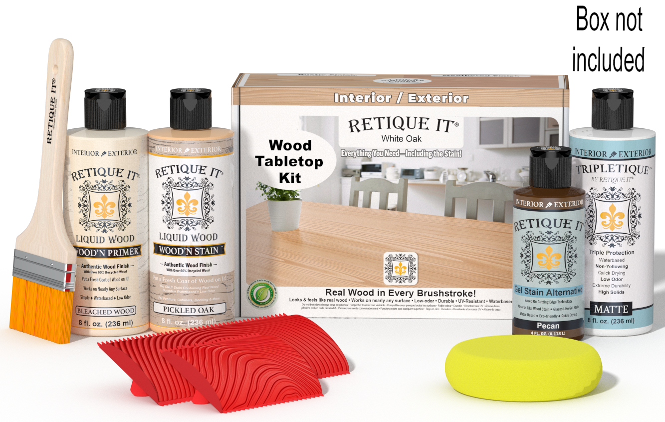Retique It® Wood'n Finish Kit for tabletops in White Oak stain, featuring stain bottles and application tools.
