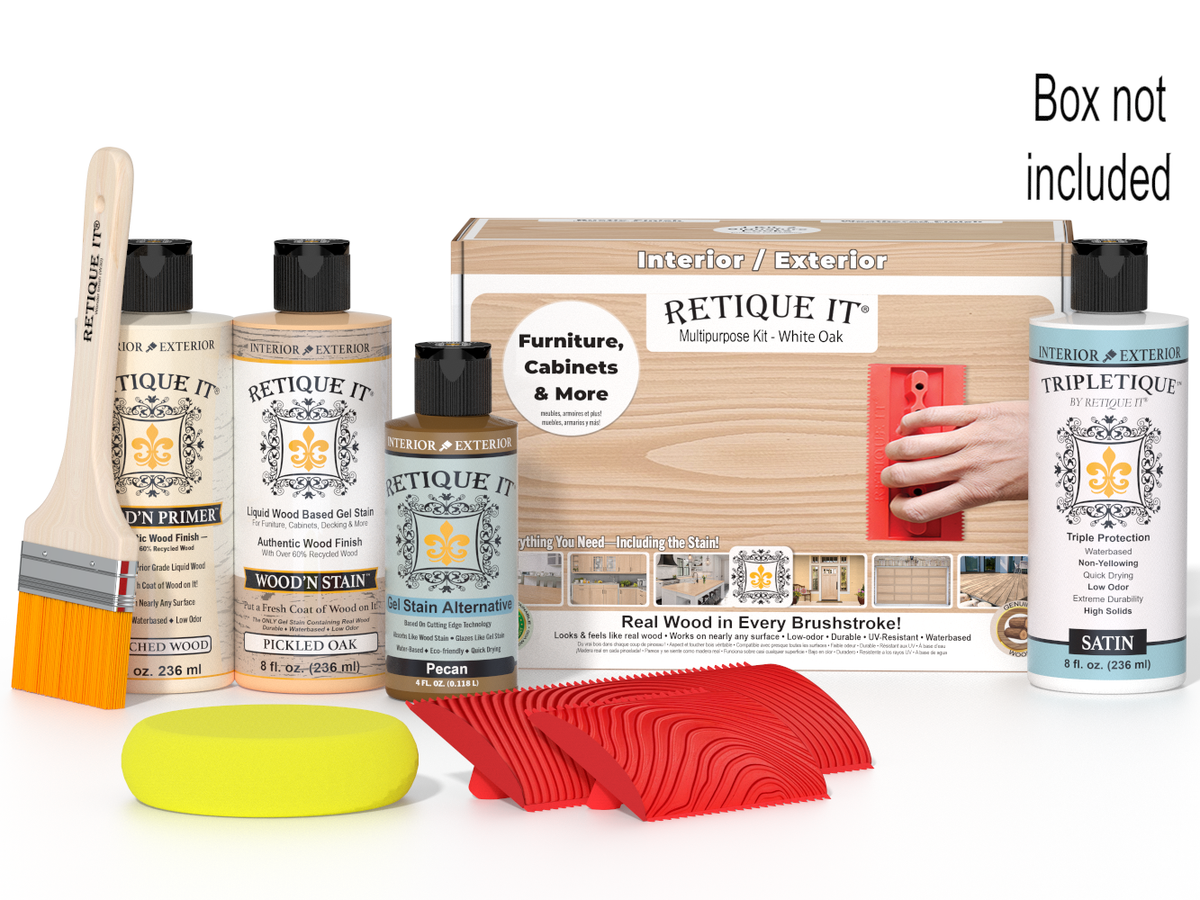 Retique It Wood'n Finish Kit in White Oak for interior top coating, featuring a box with wood finish supplies and tools.