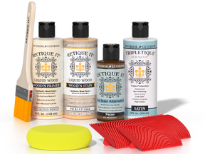 Retique It® Wood'n Finish Kit in White Oak for interior top coat, showing a wood finish application with wood grain detail.