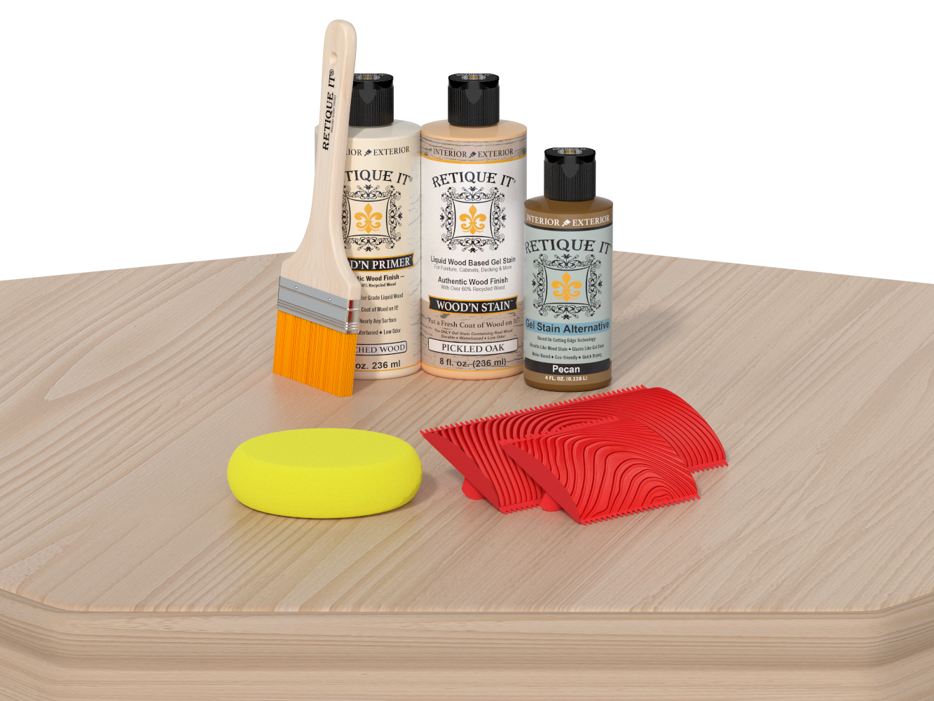 Wood stain and care product set on a wooden surface with a white background