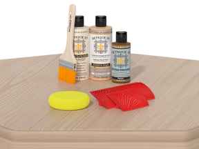 Wood stain and care product set on a wooden surface with a white background