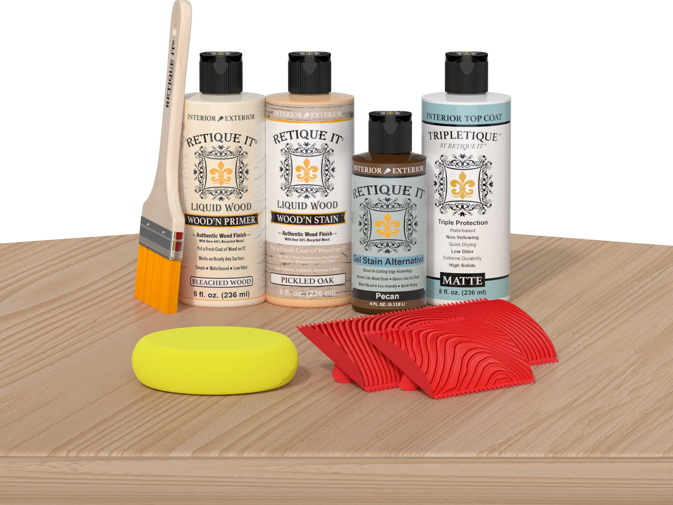 Retique It® White Oak Wood'n Kit with Bleached Wood Primer, Pickled Oak Wood'n Stain, Matte TripleTique Top Coat, Pecan Gel Stain Alternative, yellow sponge, red graining tool, and brush.
