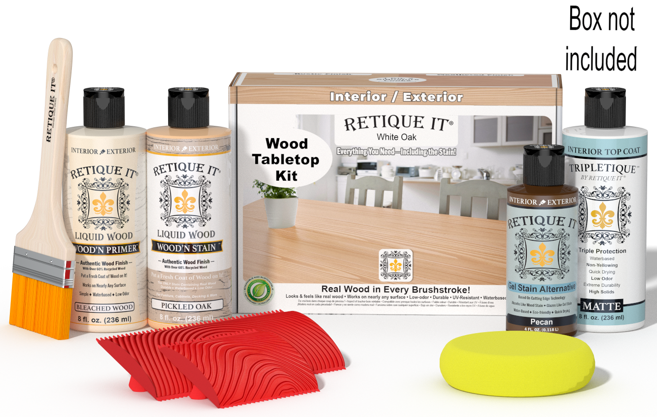 Retique It® White Oak Wood Tabletop Kit with Bleached Wood Primer, Pickled Oak Wood'n Stain, Matte TripleTique Top Coat, Pecan Gel Stain Alternative, yellow sponge, red graining tool, brush, and kit box.
