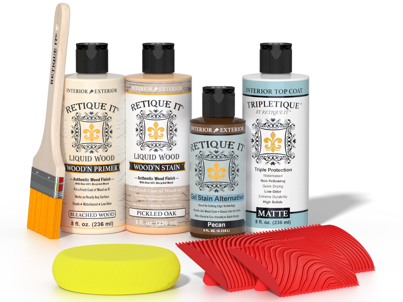 Retique It® White Oak Wood'n Kit with Bleached Wood Primer, Pickled Oak Wood'n Stain, Matte TripleTique Top Coat, Pecan Gel Stain Alternative, yellow sponge, red graining tool, and brush.