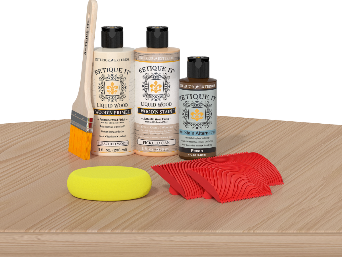 Multi-purpose Wood'n Kit in White Oak by Retique It® displayed on a table, featuring wood finish tools and supplies.