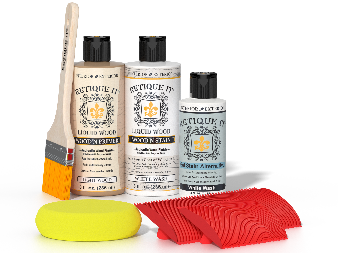 Retique It® Wood'n Finish Kit in White Wash showing wood surface with white wash finish and application tools.