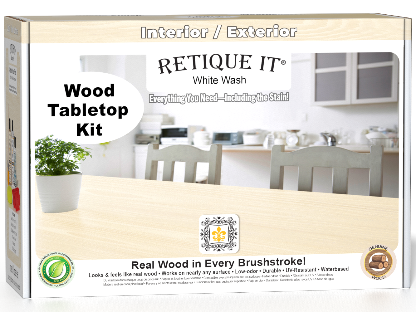 Retique It® Wood'n Finish Kit in White Wash stain displayed on a tabletop with the kit components visible.