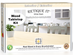 Retique It® Wood'n Finish Kit in White Wash stain displayed on a tabletop with the kit components visible.