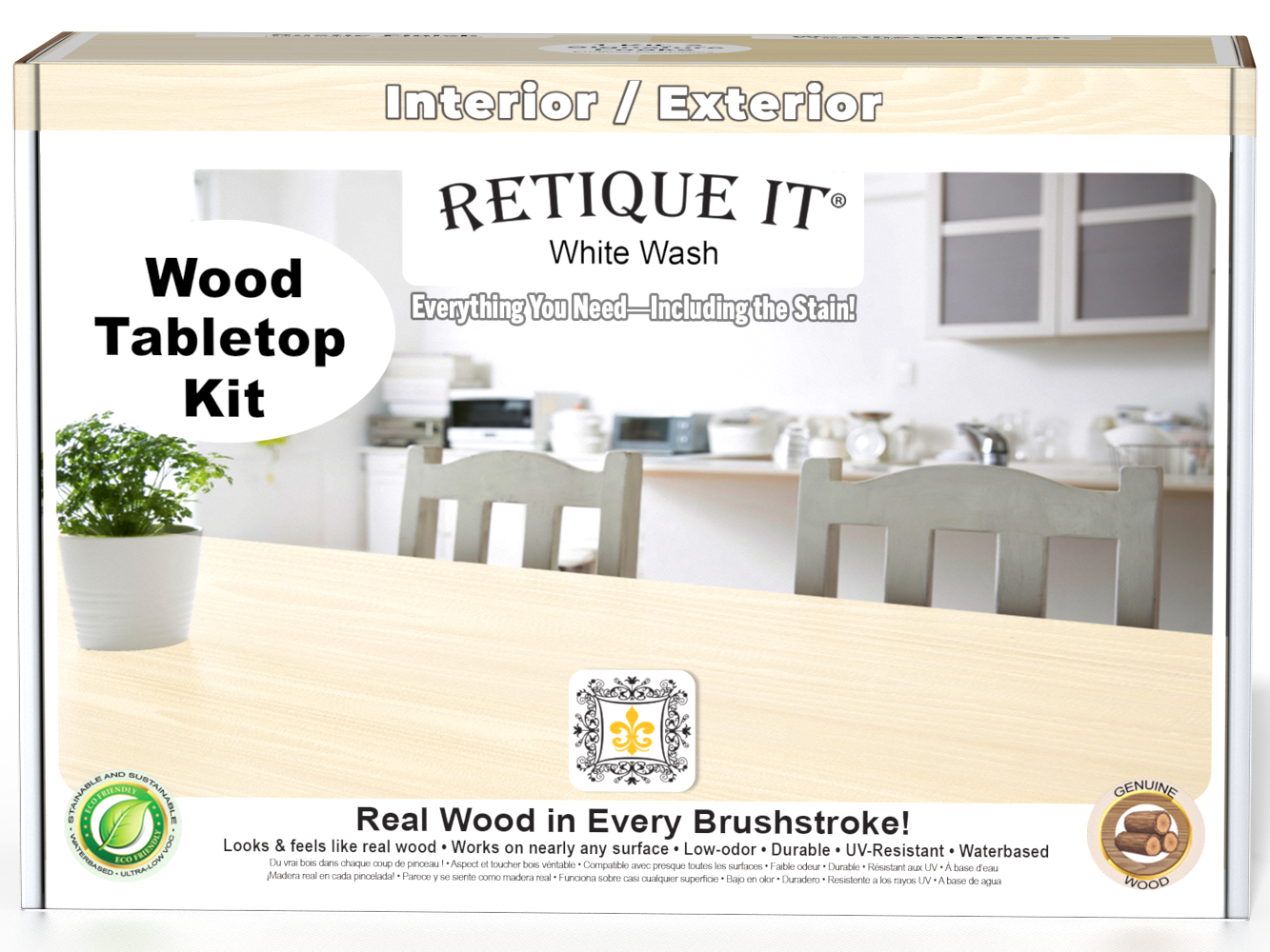 Retique It® Wood'n Finish Kit in White Wash for tabletops, featuring stain bottles and application tools in a compact box.