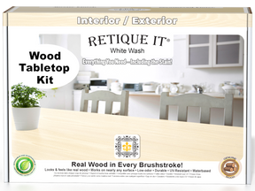 Retique It® Wood'n Finish Kit in White Wash for tabletops, featuring stain bottles and application tools in a compact box.