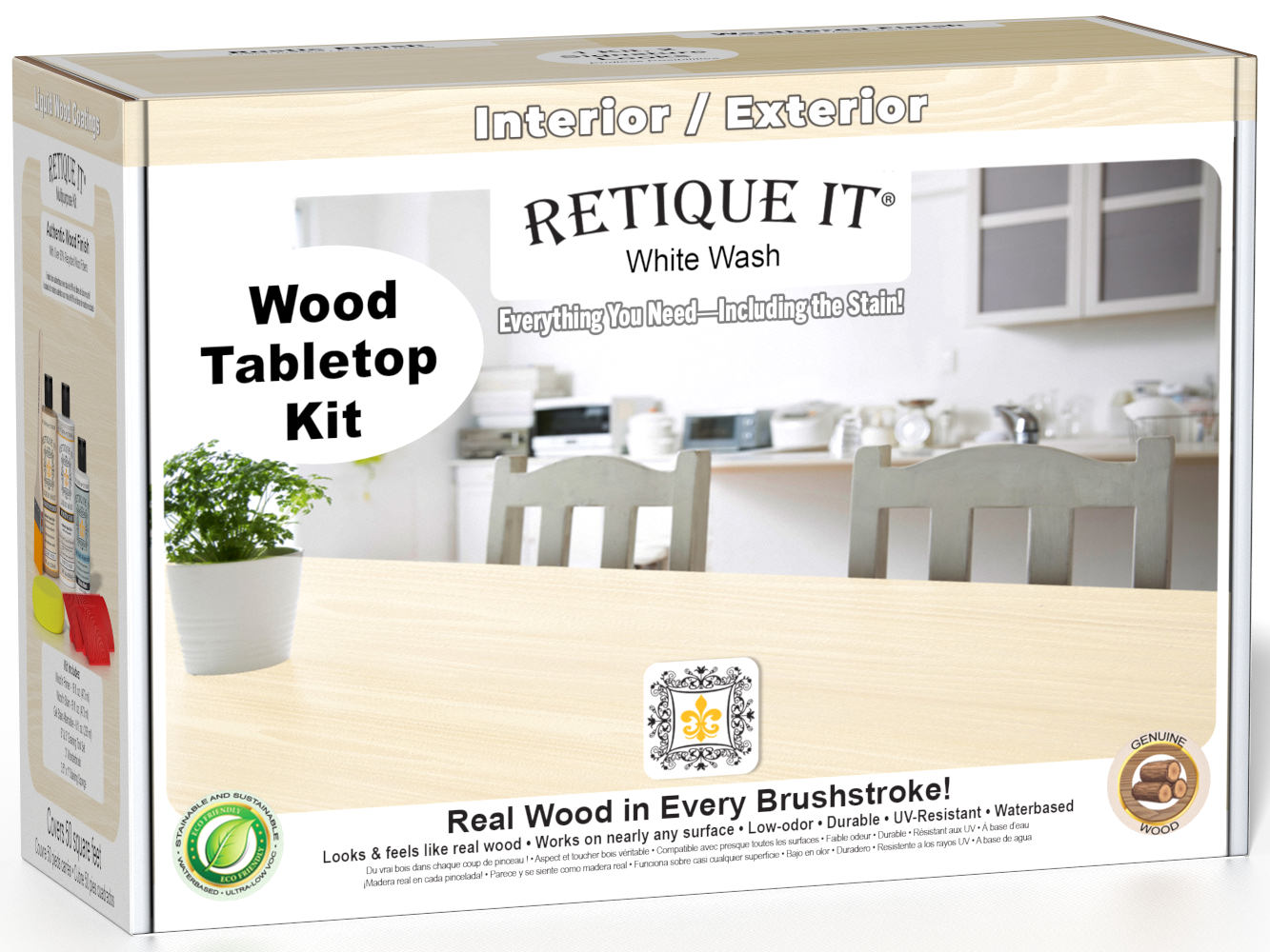 Retique It® Wood'n Finish Kit in White Wash for tabletops, featuring stains and finishing supplies in a sleek box.