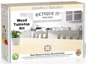 Retique It® Wood'n Finish Kit in White Wash for tabletops, featuring stains and finishing supplies in a sleek box.