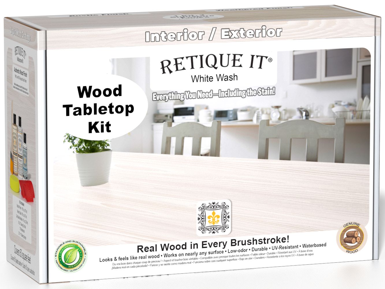 Retique It® Wood'n Finish Kit in White Wash stain for tabletops, showing the wood finish and application tools in the image.