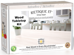 Retique It® Wood'n Finish Kit in White Wash stain for tabletops, showing the wood finish and application tools in the image.