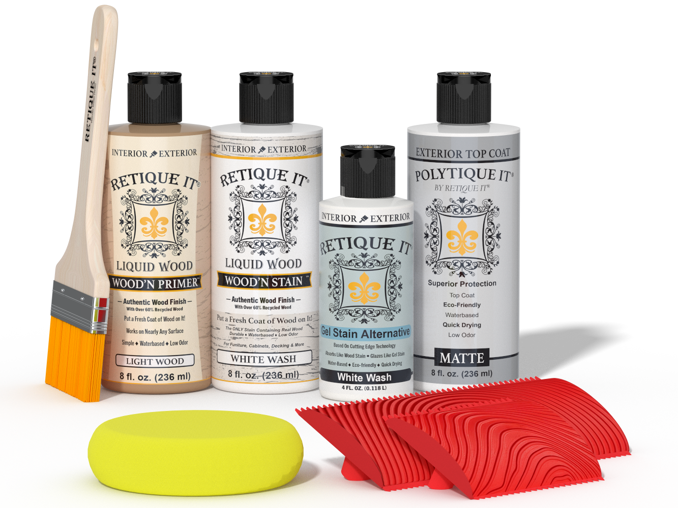 Retique It® Wood'n Finish Kit in White Wash, exterior top coat with brush and wood finishing tools for wood surfaces.