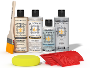 Retique It® Wood'n Finish Kit in White Wash, exterior top coat with brush and wood finishing tools for wood surfaces.