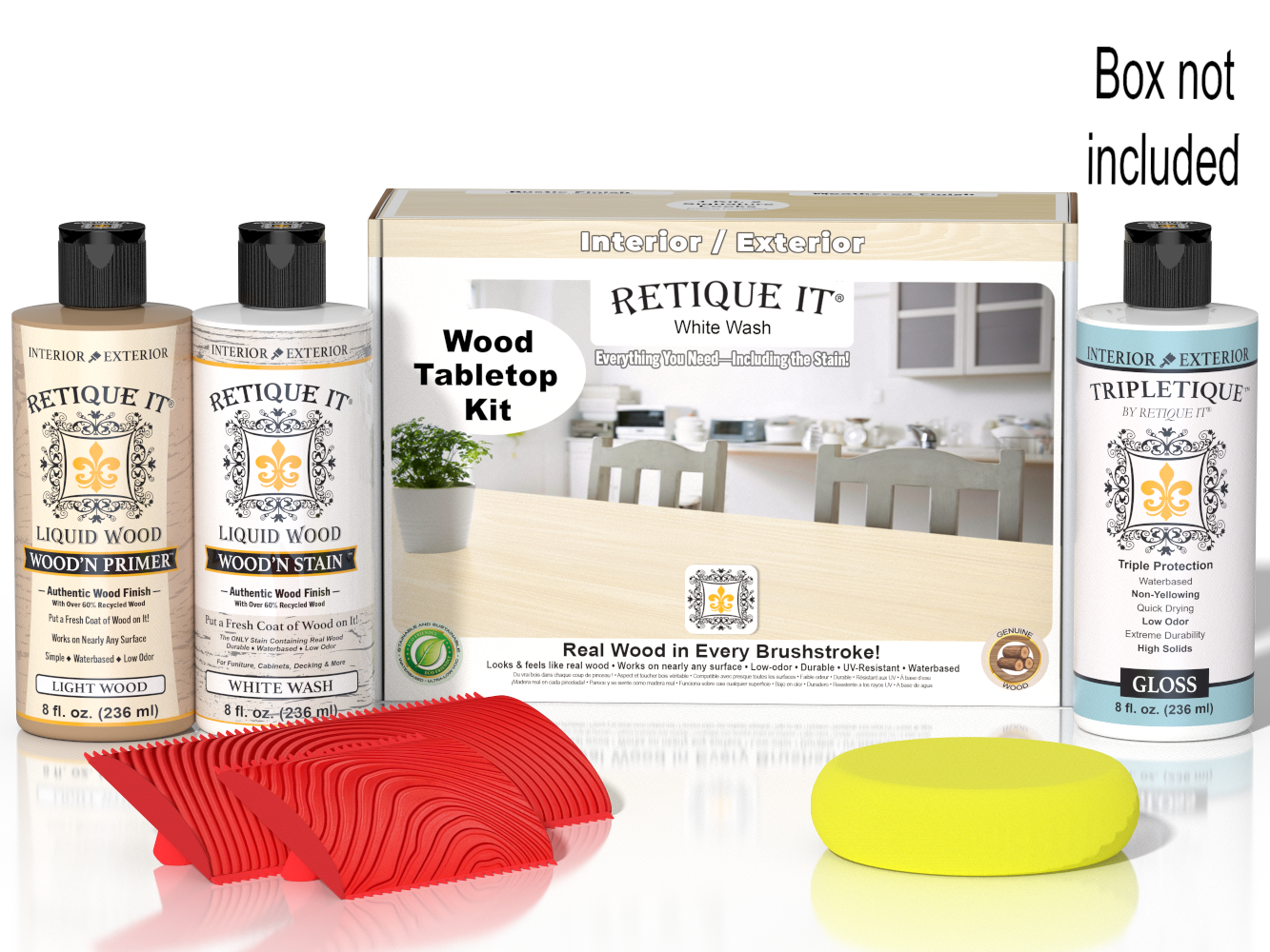 Retique It® Wood'n Finish Kit in White Wash stain, featuring a tabletop with a smooth, light-colored wood finish and finishing supplies.