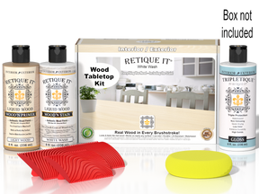 Retique It® Wood'n Finish Kit in White Wash stain, featuring a tabletop with a smooth, light-colored wood finish and finishing supplies.