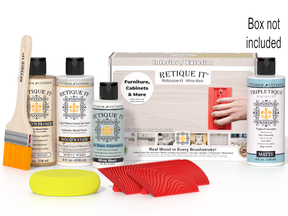 Retique It furniture care kit with bottles, a brush, and a box on a white background