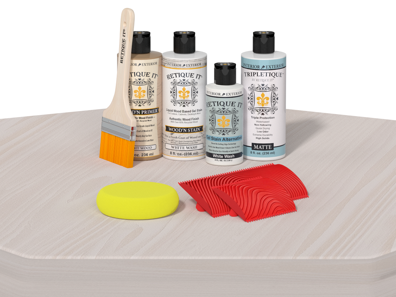 Set of car care products including bottles, a brush, and sponges on a white surface.