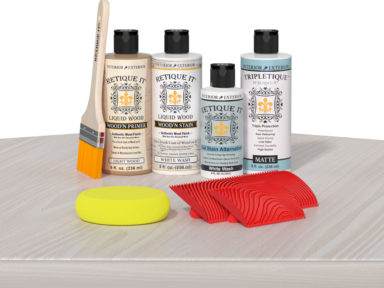 Retique It® Wood'n Finish Kit in White Wash stain applied to a tabletop, showcasing the wood finish and color.