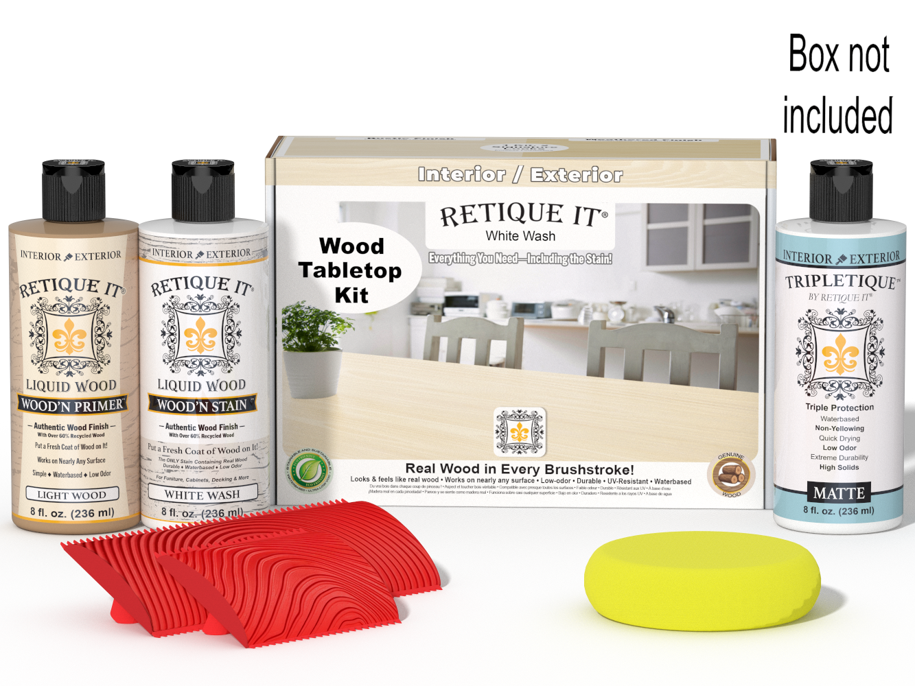 Retique It® Wood'n Finish Kit in White Wash stain shown on a wooden tabletop with a box of staining supplies.
